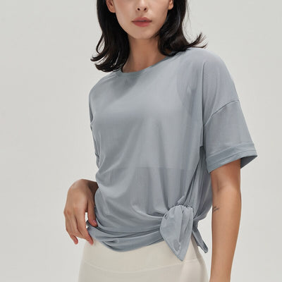 Milena Tie-Up Buttery Soft Short Sleeved Breathable Mesh Top - Tranquil Panda
